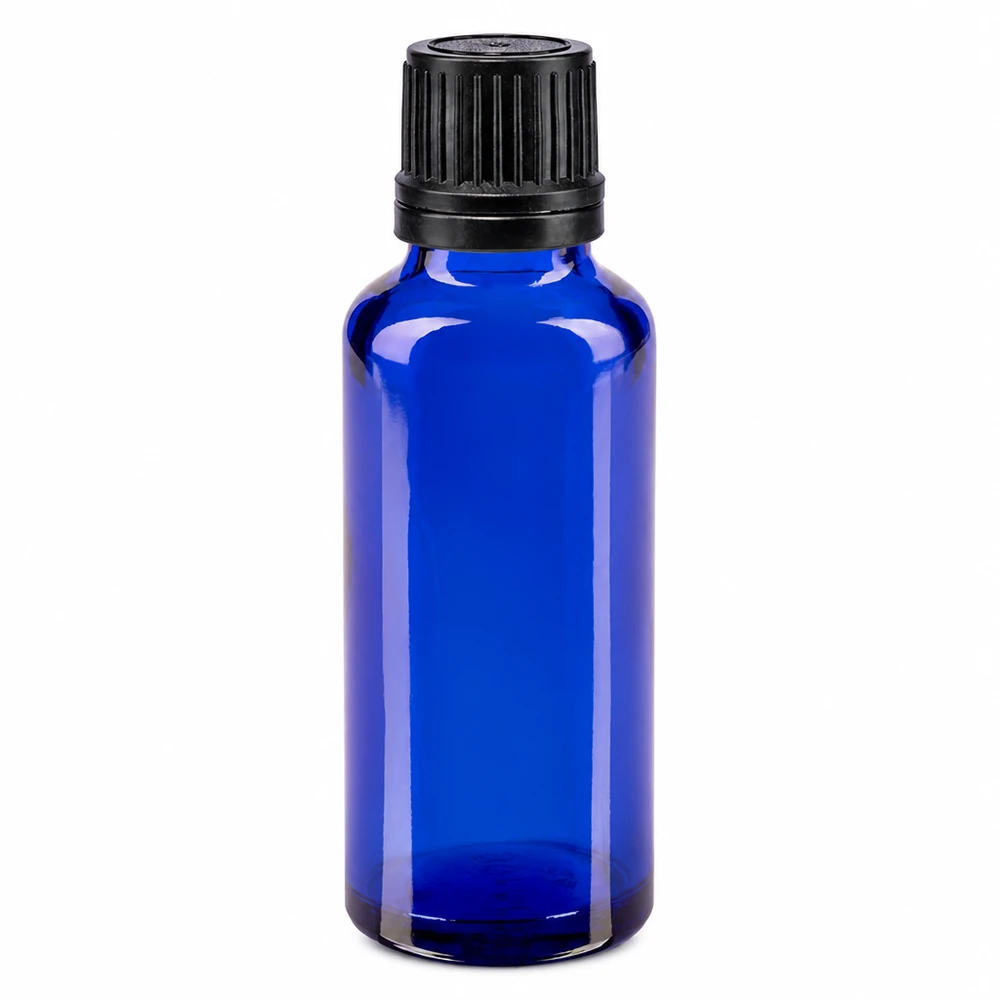 Frasco de farmácia azul 30ml tampa conta-gotas anel de vazamento 1mm preto fecho inviolável Frasco de vidro azul de 30 ml com conta-gotas preto e tampa OV em vidro de farmácia