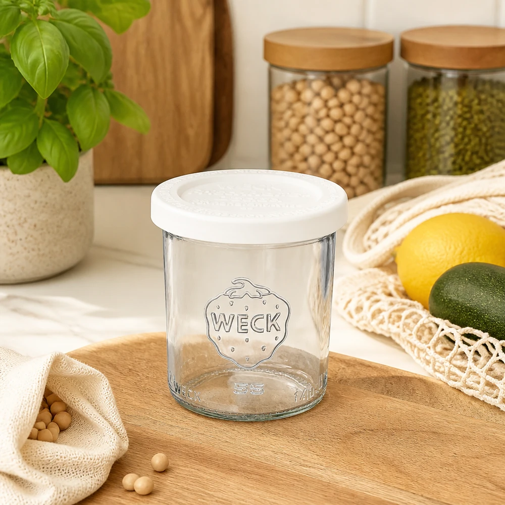 Copos de 140 ml WECK RR60 vazios com tampa de frescura em cozinhas modernas ao lado de frascos de armazenamento e fruta fresca