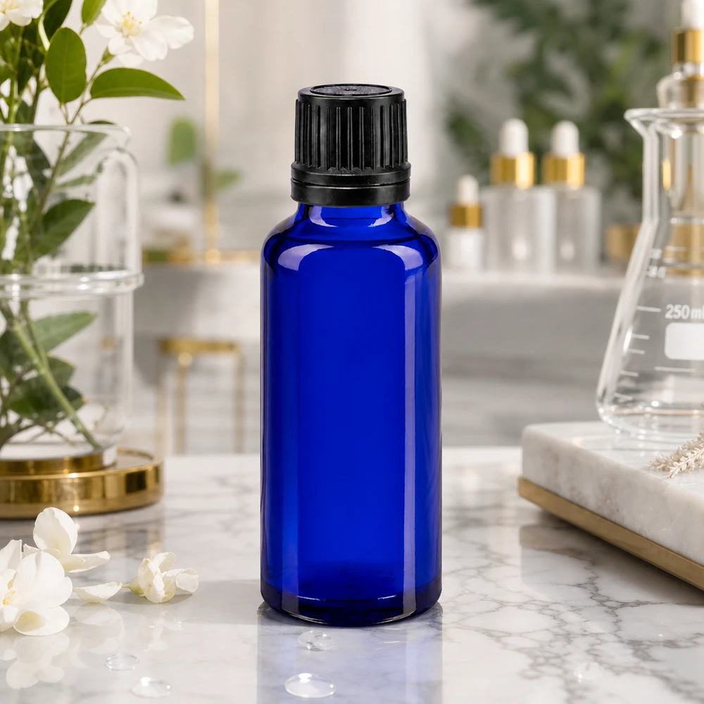 Frasco conta-gotas de vidro farmacêutico de 30 ml, azul, com tampa de rosca preta sobre fundo de mármore