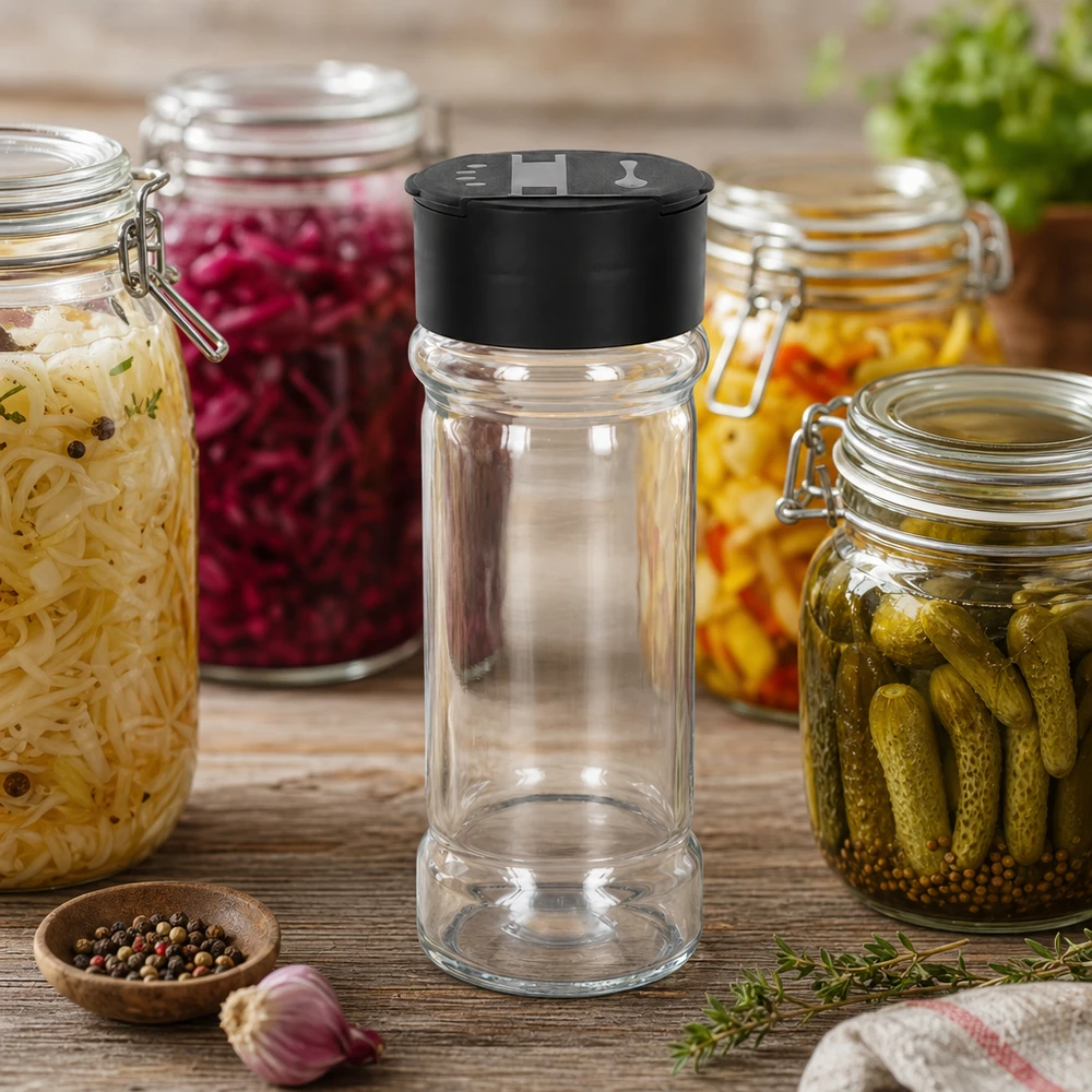 Frasco para sal/especiarias de 100 ml com espalhador duplo, preto Pequeno frasco de sal de 100 ml com tampa de plástico preta, entre legumes em conserva