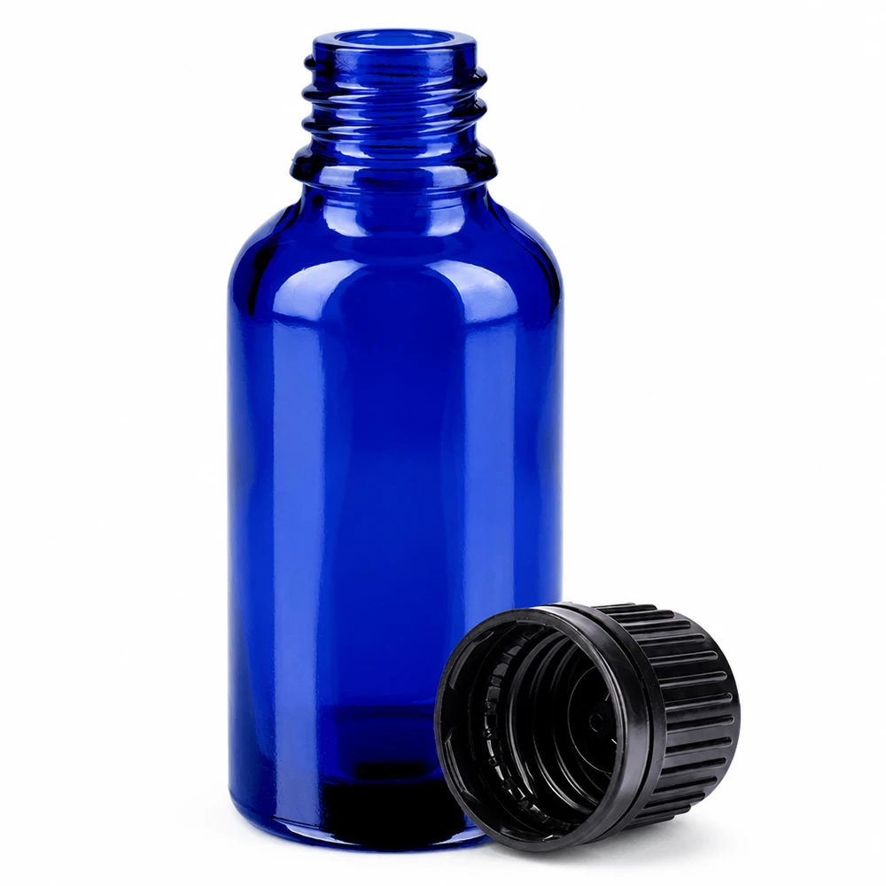 Frasco de vidro azul de 30 ml com tampa de rosca para aromaterapia e cosméticos naturais