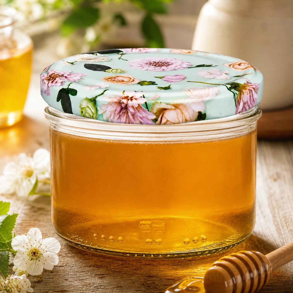 Frasco de mel de 230 ml com tampa decorativa BasicSeal flor de menta - mel dourado com colher de pau e decoração floral