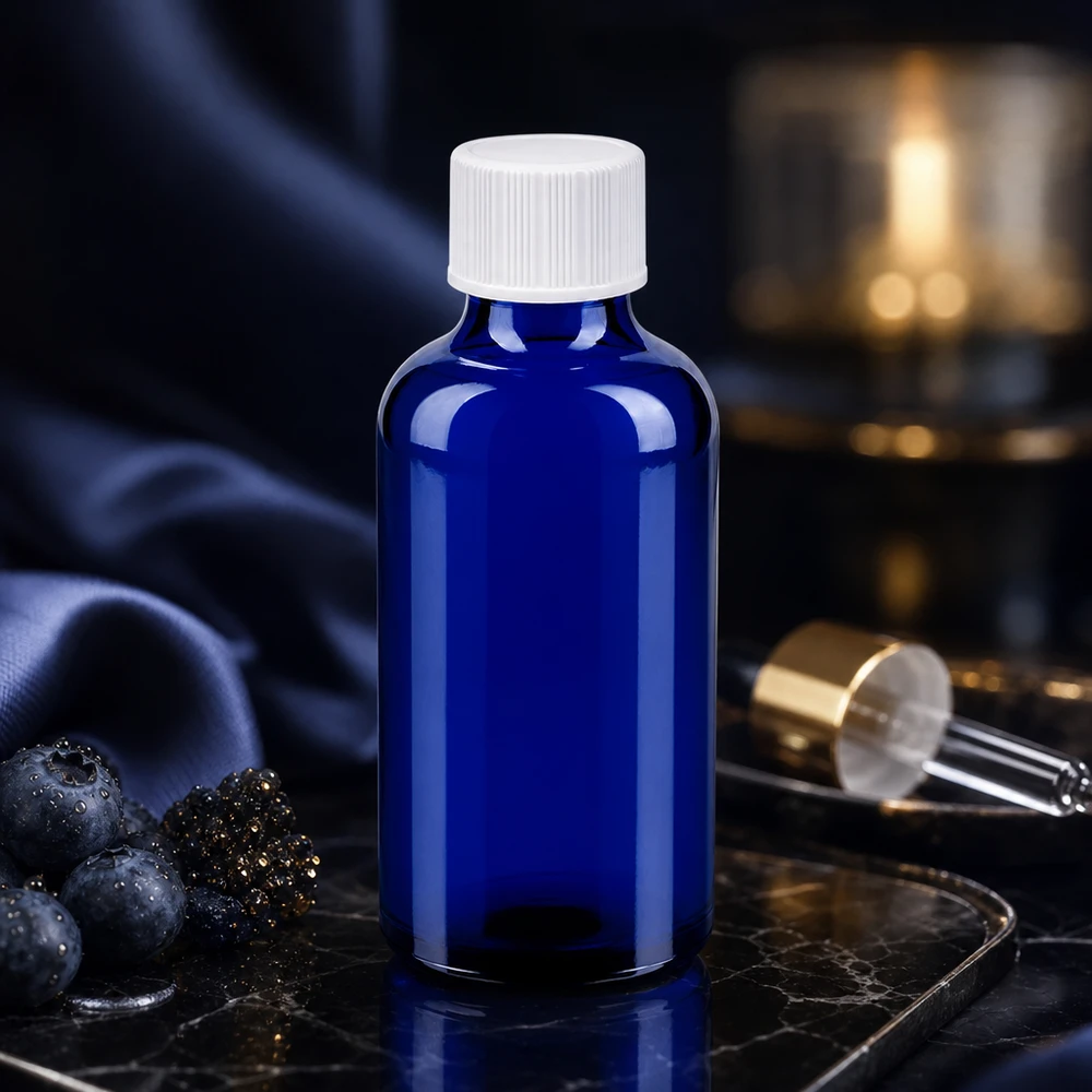 Frasco compacto de 50 ml com abertura de 11 mm em elegante azul-cobalto para uma dosagem precisa