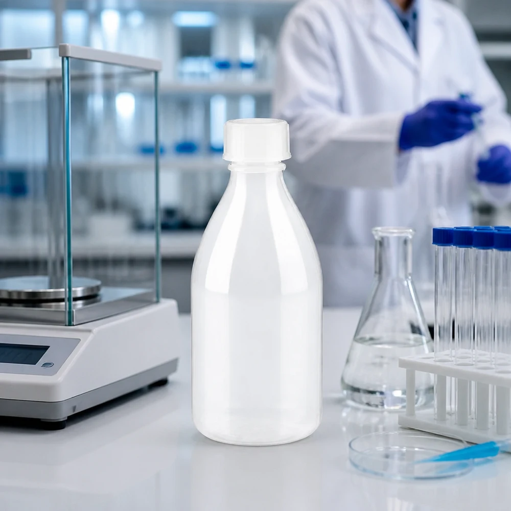 Frasco branco de 100 ml, de gargalo estreito e tampa de rosca, em HDPE, sobre uma bancada de laboratório branca, ao lado de uma balança analítica