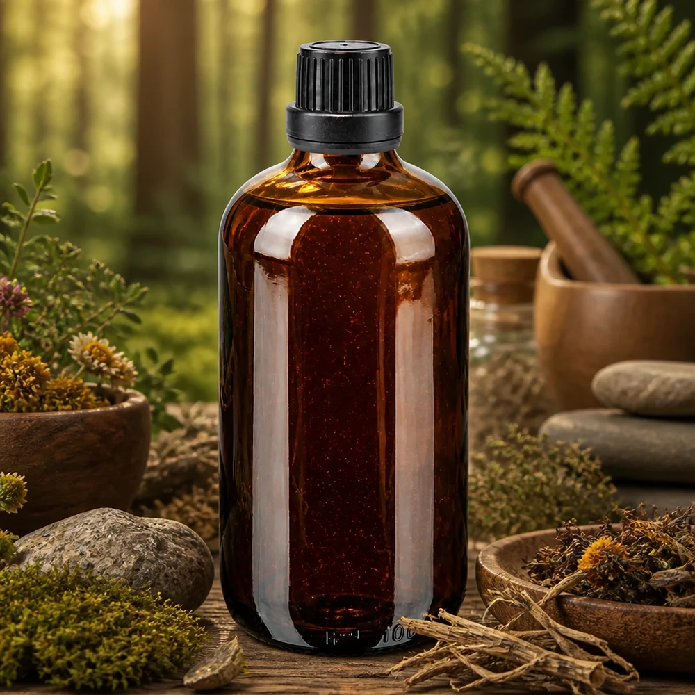 Frasco de farmácia castanho 100ml conta-gotas tampa premium 2mm preto fecho inviolável Frasco conta-gotas de 100 ml em vidro castanho de farmácia com tampa OV preta, sobre uma mesa de madeira com ervas medicinais