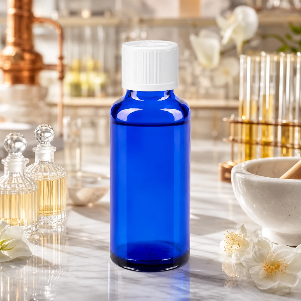 Frasco de laboratório azul de 30 ml com tampa de segurança para crianças branca, no laboratório de perfumes com balão de destilação