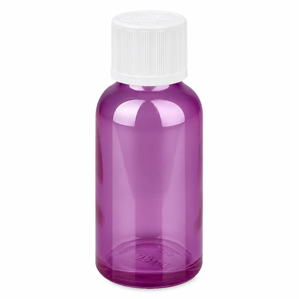 Frasco conta-gotas de 30 ml com 1,2 mm de vidro branco padrão resistente a crianças PurpleLine.UT18/30 Frasco conta-gotas de 30 ml transparente de cor púrpura com tampa de rosca branca e abertura de conta-gotas precisa de 1,2 mm