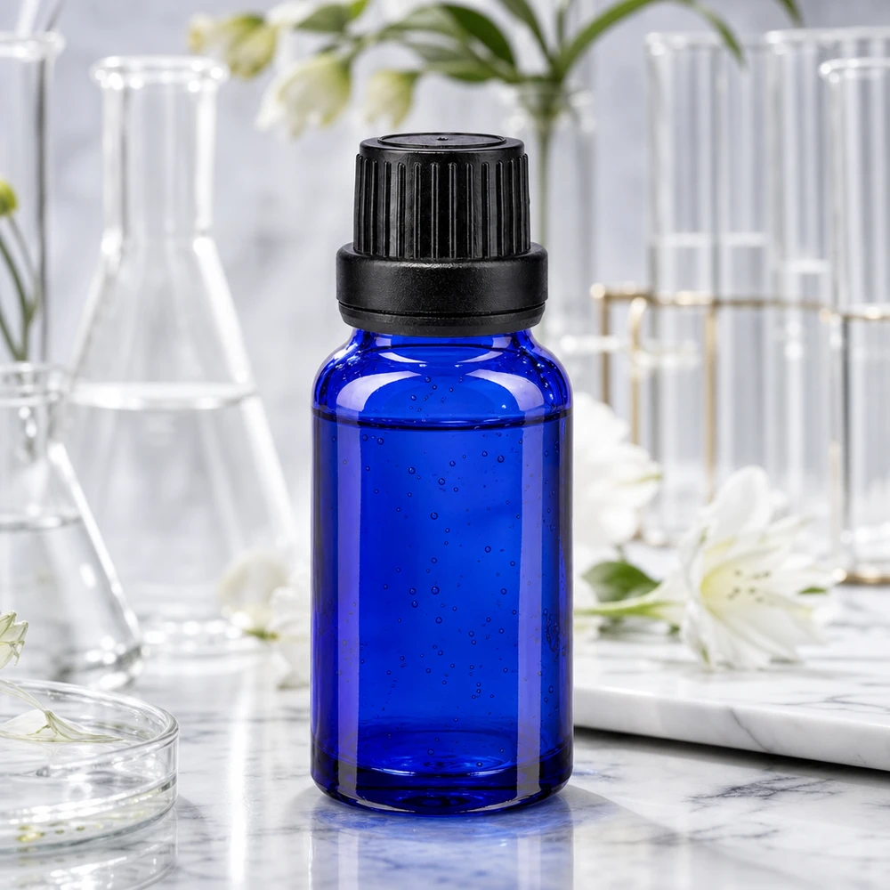 Frasco de farmácia azul 10ml tampa do conta-gotas derramando anel 2mm preto tampa inviolável Frasco farmacêutico de 10 ml em azul cobalto, com tampa de segurança para crianças e aplicador de gotas preciso de 2 mm