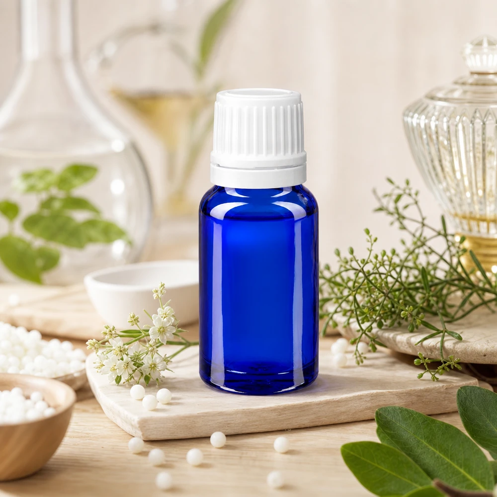 Frasco conta-gotas ApoGlas azul de 10 ml com tampa de segurança para crianças branca, entre as ervas medicinais