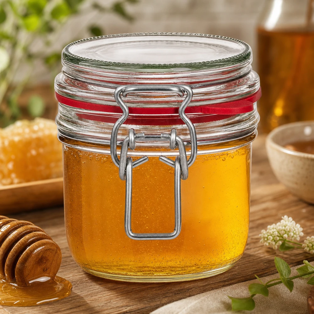 Frasco de conserva de 255 ml, tipo G, com tampa de fecho de alça UN.. 255ml Einmachglas mit Bügelverschluss gefüllt mit goldenem Honig neben Honiglöffel auf natürlichem Holztisch