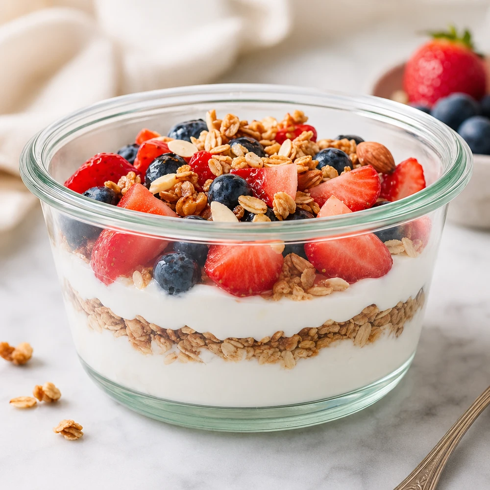 290ml Gourmetglas WECK RR100 Frasco gourmet WECK RR100 de 290 ml com iogurte, granola, parfait de frutos silvestres e nozes para um pequeno-almoço saudável