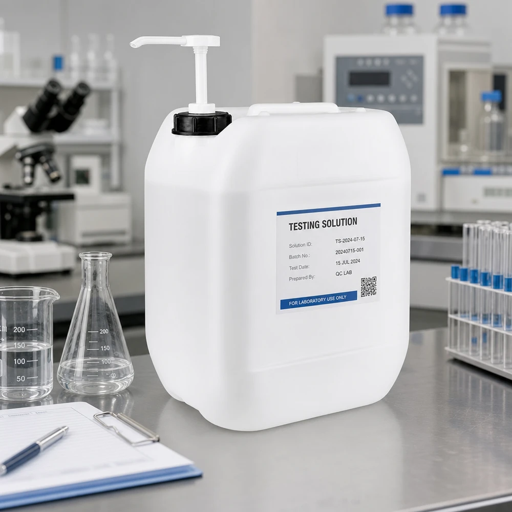 Bidão branco de 10 L com bico de bomba, sobre uma mesa de aço inoxidável, ao lado de um frasco de Erlenmeyer, no laboratório