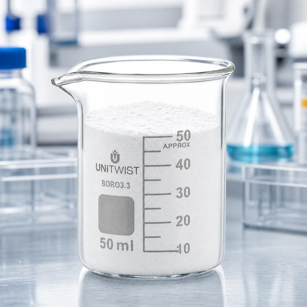 Copo 50 ml de borossilicato, baixo teor de bolor UNiTWIST Copo de vidro de 50 ml cheio até à borda com pó branco – UNiTWIST, formato baixo, de laboratório