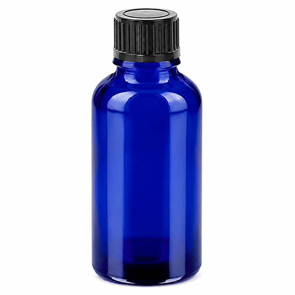 Frasco de vidro azul de 30 ml com tampa de rosca preta para óleos essenciais e cosméticos