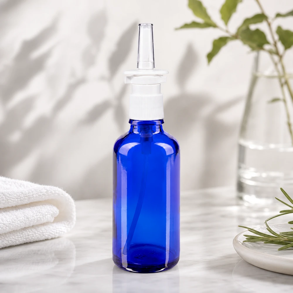 Frasco de farmácia azul 50ml spray nasal branco padrão Frasco de vidro azul de 50 ml com bico pulverizador, sobre mármore branco, ao lado de um ramo de alecrim