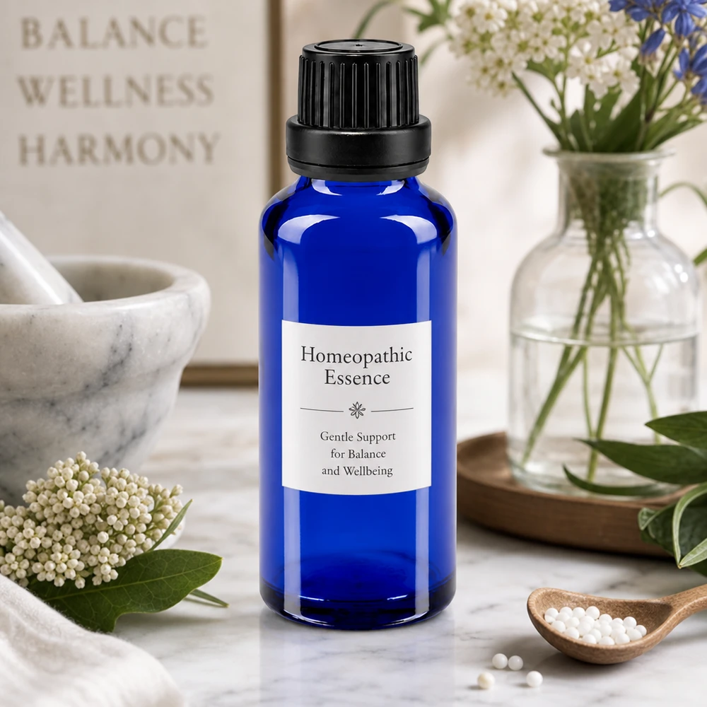 Essência homeopática num frasco conta-gotas azul de farmácia de 30 ml com bico de 2 mm sobre uma superfície de mármore