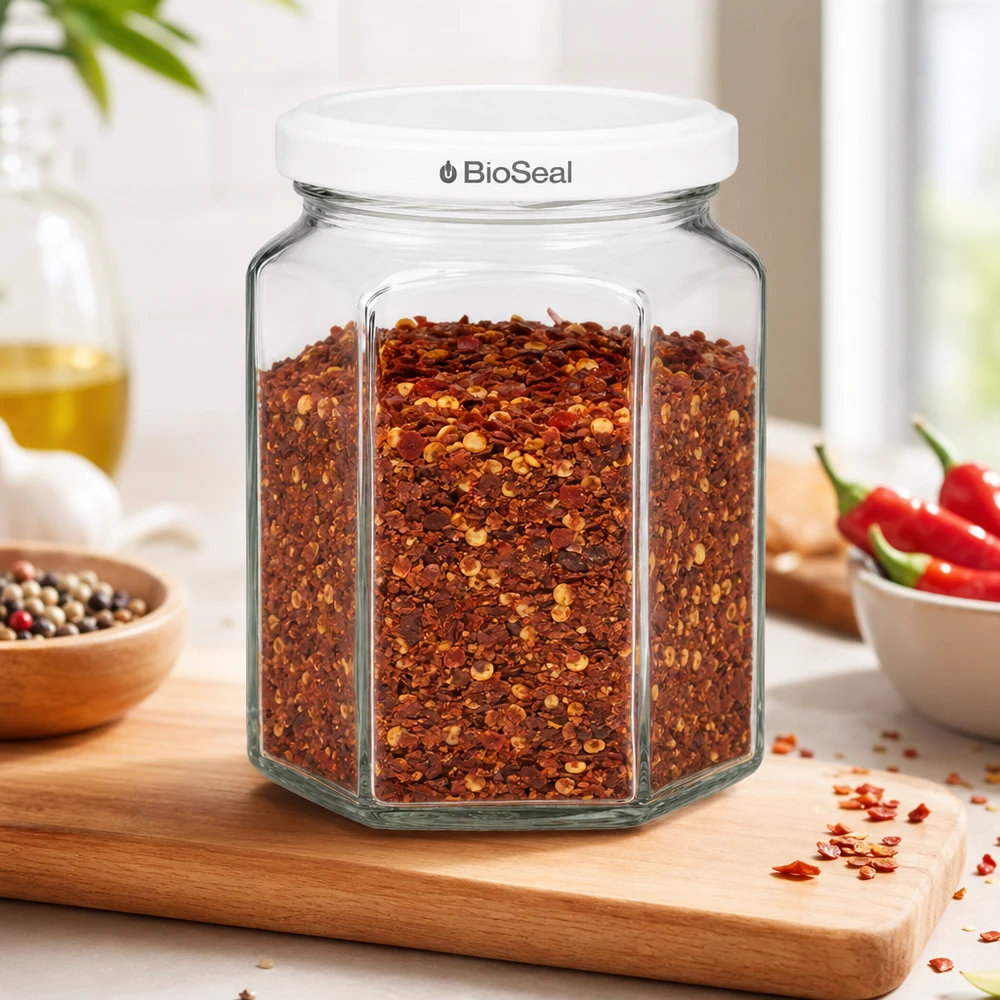 Frasco Hexa de 288 ml com tampa BioSeal branca UNiTWIST Frasco de especiarias UNiTWIST Hexa288 cheio de flocos de malagueta e tampa BioSeal branca sobre tábua de cozinha com especiarias