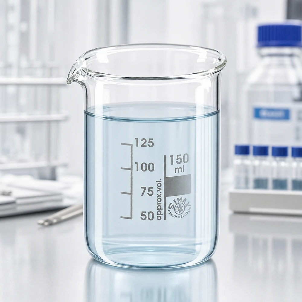 Copo transparente de laboratório de 150 ml com bico de verter e escala de mililitros para aplicações científicas