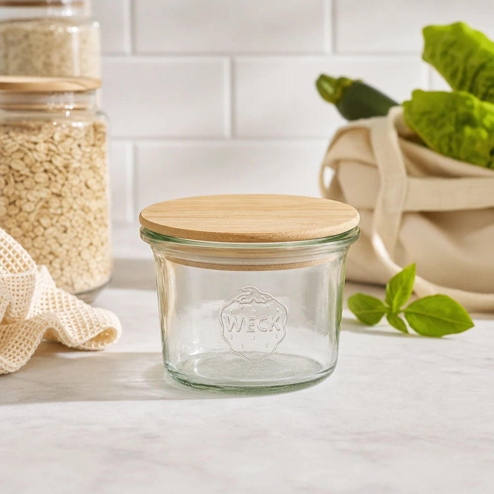 Mini frasco de pedreiro WECK 35ml RR40 com tampa de madeira de bambu em cozinha sustentável com frascos de arrumação e plantas verdes