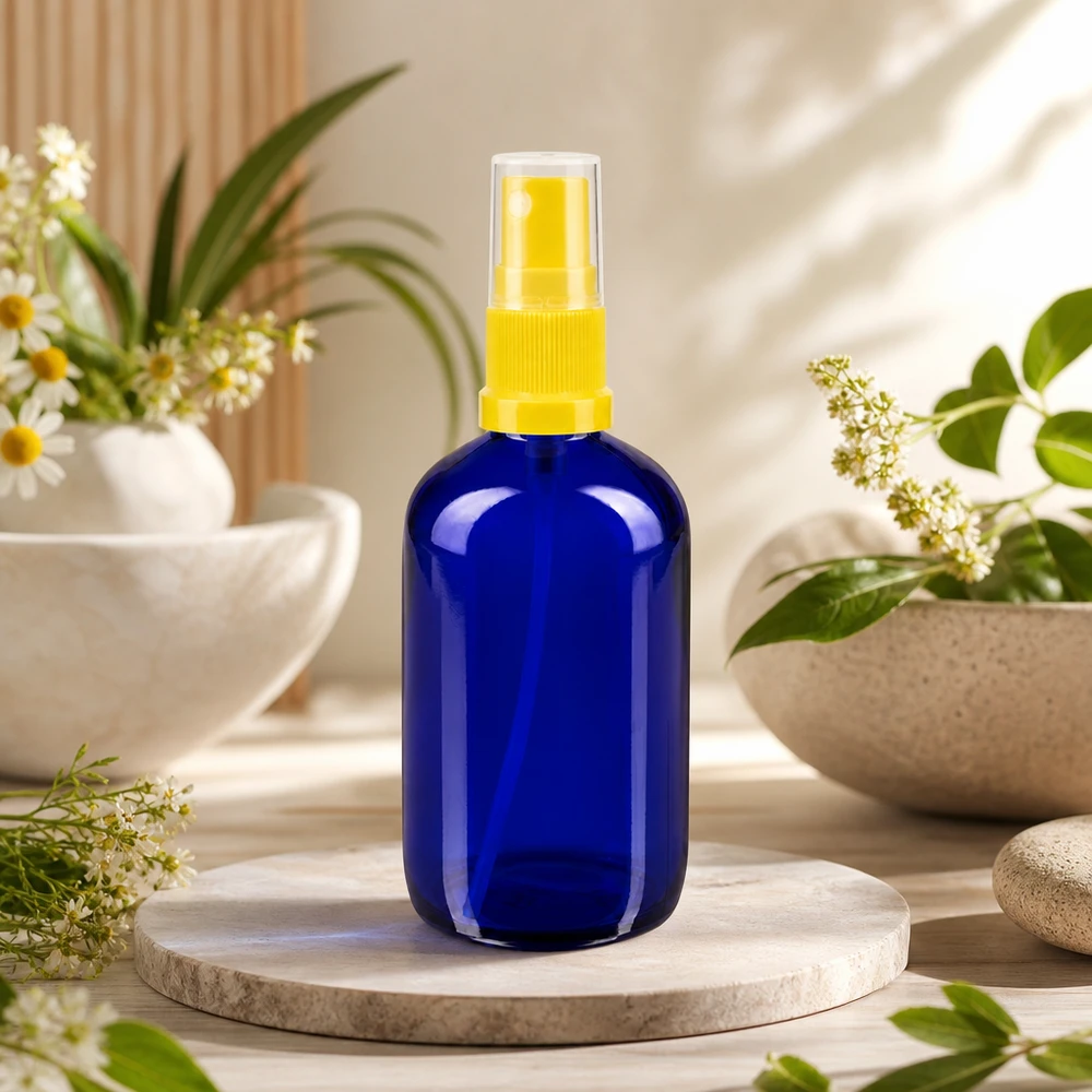 Frasco de vidro azul de 100 ml com pulverizador amarelo; proteção UV graças ao vidro de cobalto para óleos essenciais