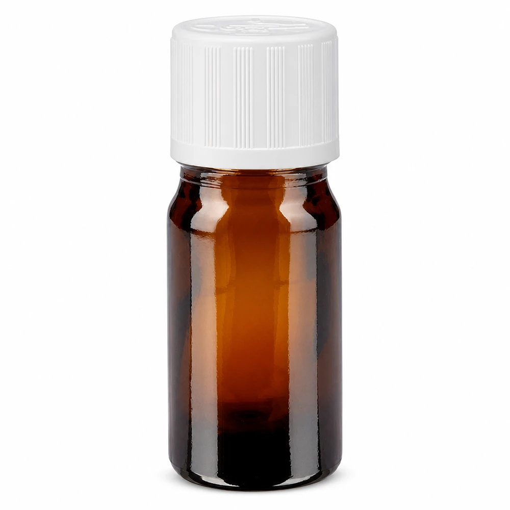 Frasco de farmácia castanho de 5 ml com tampa de segurança para crianças branca de 11 mm, em vidro castanho