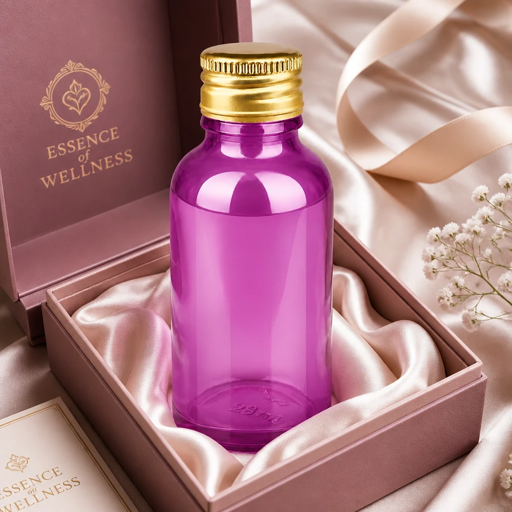 Frasco de 30 ml com tampa de rosca de 11 mm em alumínio dourado padrão PurpleLine. UT18/30 Frasco de vidro premium de 30 ml em roxo com rosca UT18 e tampa de alumínio dourada para produtos de bem-estar