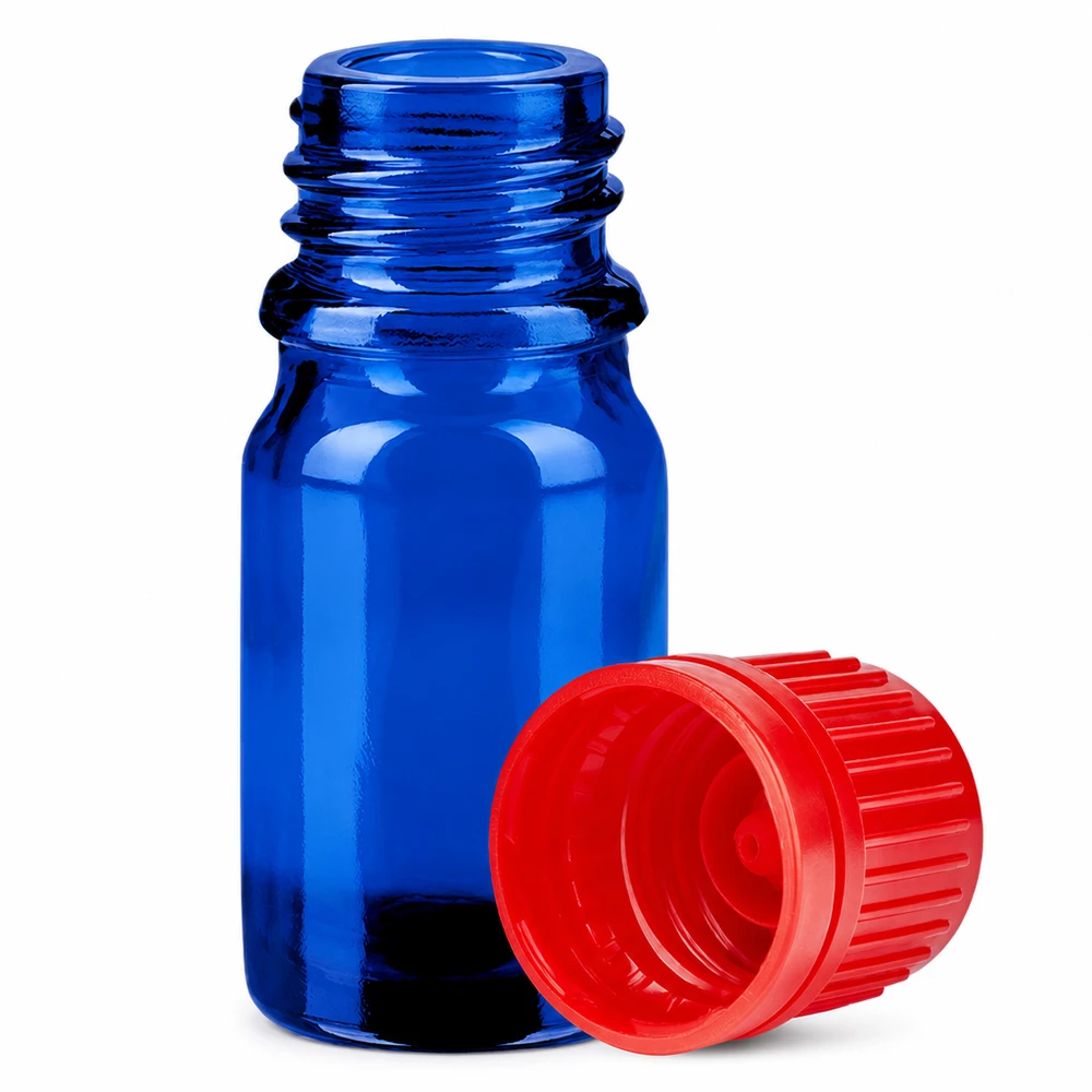 Frasco de 5 ml com tampa de rosca de 11 mm vermelha com fecho inviolável BlueLine UT18/5 Frasco de vidro azul de 5 ml com tampa vermelha de 11 mm para óleos essenciais BlueLine UT18/5