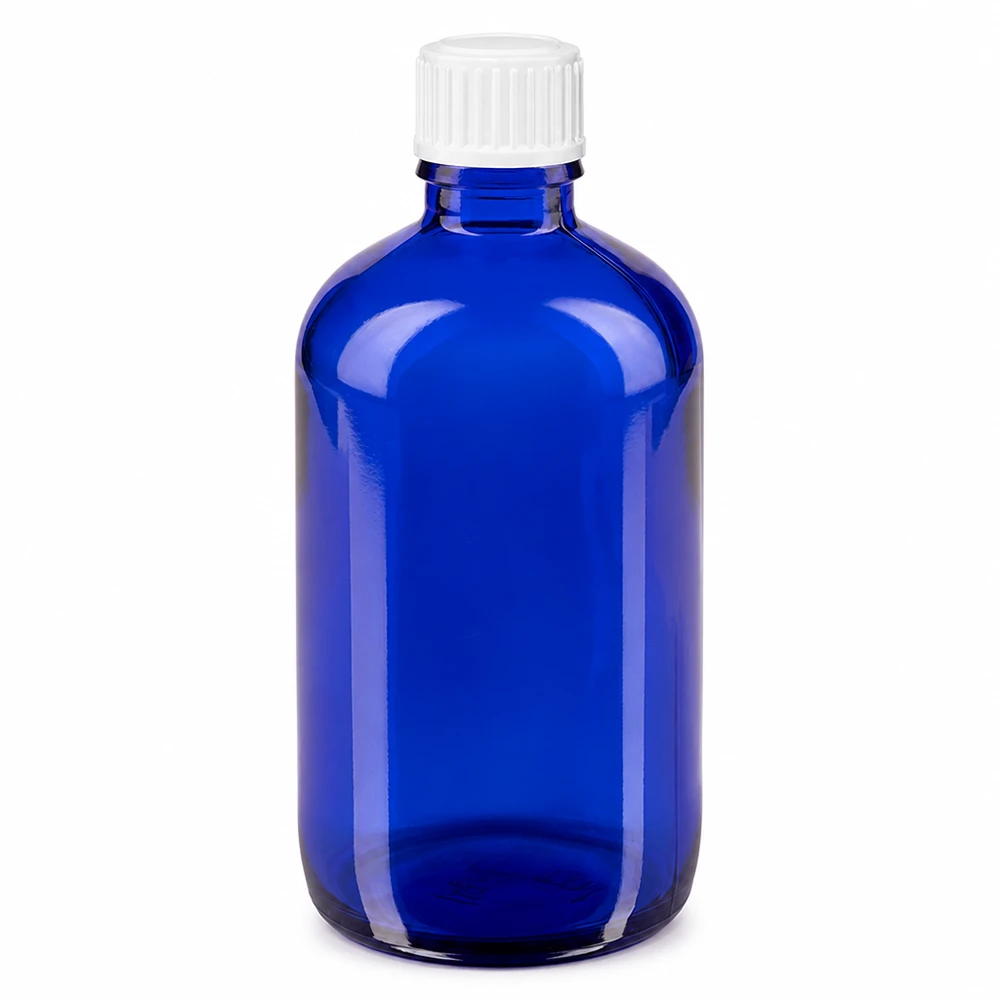 Frasco de vidro azul de farmácia de 100 ml com tampa de rosca branca padrão de 11 mm