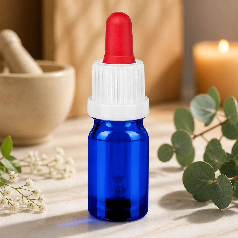 Frasco pipeta de 5 ml branco/vermelho com fecho inviolável BlueLine UT18/5 Frasco de vidro de 5 ml de alta qualidade em azul com pipeta conta-gotas para uma aplicação precisa de soros e óleos