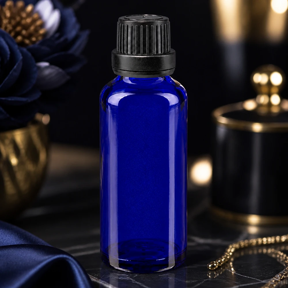 Elegante frasco de farmácia de 30 ml, azul cobalto, com tampa de rosca preta de 11 mm com segurança para crianças