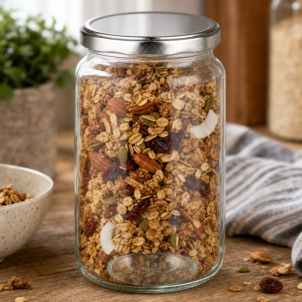 Frasco redondo de 795 ml com tampa BasicSeal prateada UNiTWIST O frasco redondo de 795 ml cheio de muesli e nozes mostra a sua utilização prática como frasco de armazenamento de alimentos