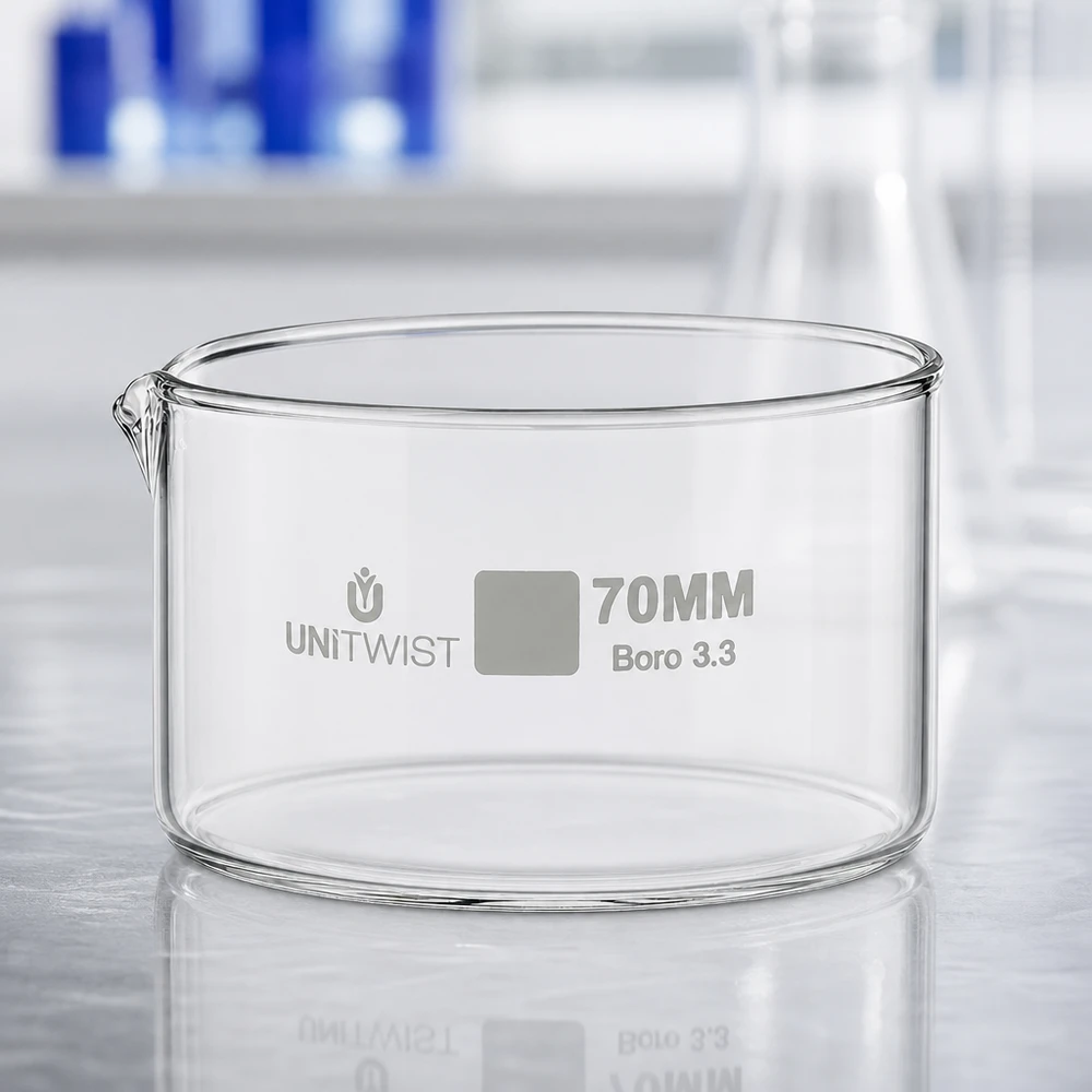 Taça de cristalização vazia de 70 mm UNiTWIST, em vidro borossilicato transparente 3.3 com bico de vertimento, ambiente de laboratório