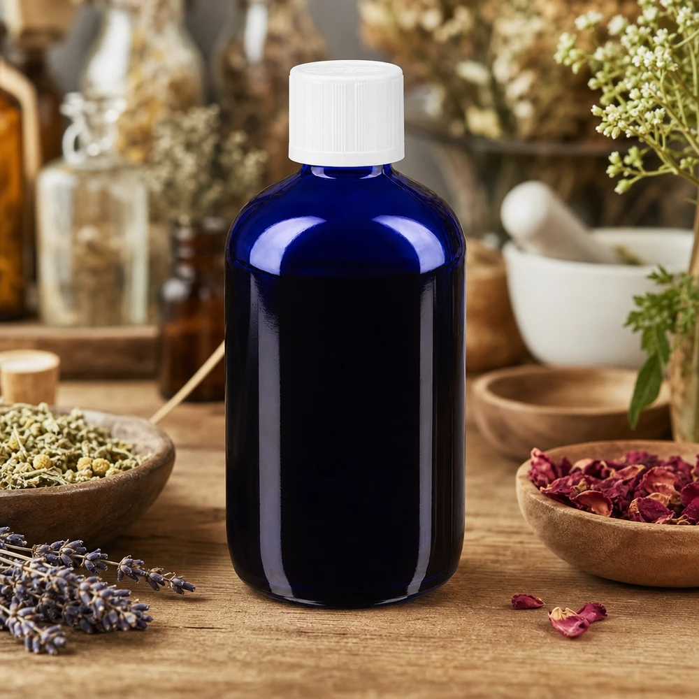 Frasco de farmácia azul de 100 ml com conta-gotas, entre ervas secas e flores
