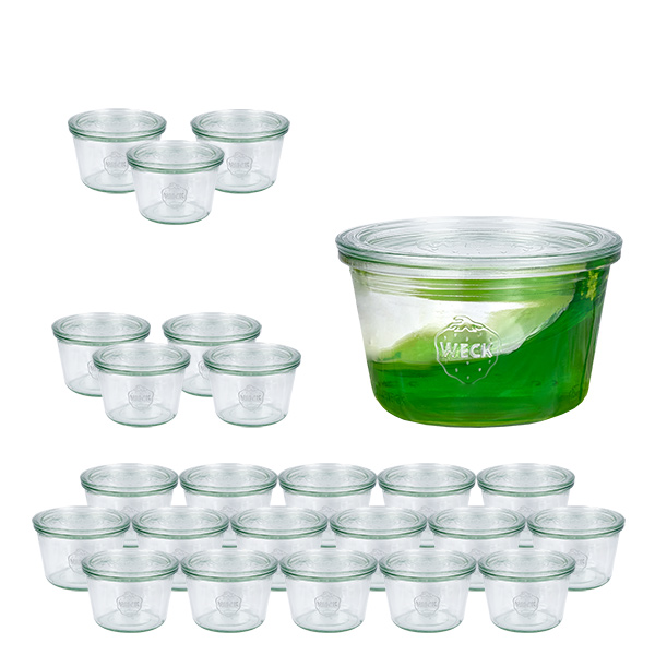 Conjunto de 24 copos de vidro Weck de 370ml com 24 tampas de vidro Conjunto de 24 copos de vidro Weck de 370ml com 24 tampas de vidro
