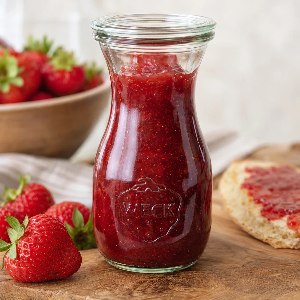 Garrafa de sumo WECK de 290 ml RR60 cheia de compota de morango vermelho ao lado de morangos frescos e pão numa tábua de madeira