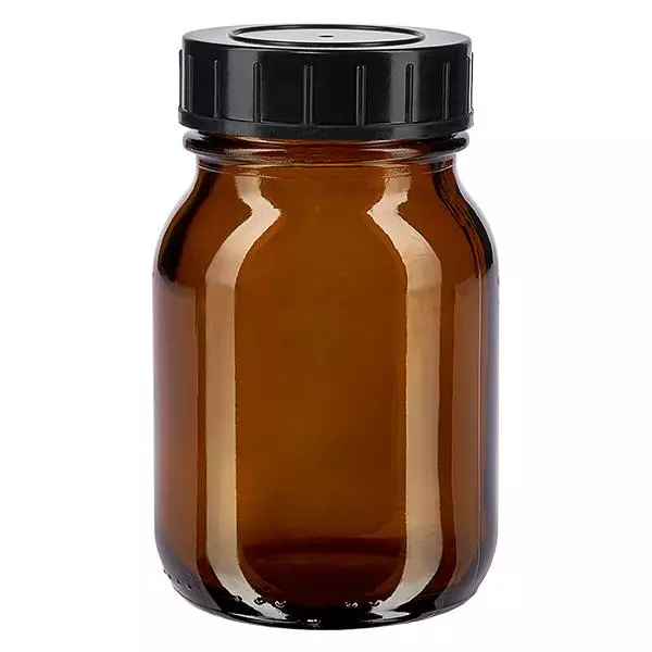Frasco de 75ml com gargalo largo em vidro âmbar com tampa de rosca Garrafa de 75 ml de gargalo largo em vidro âmbar com tampa de rosca preta para proteção segura do conteúdo
