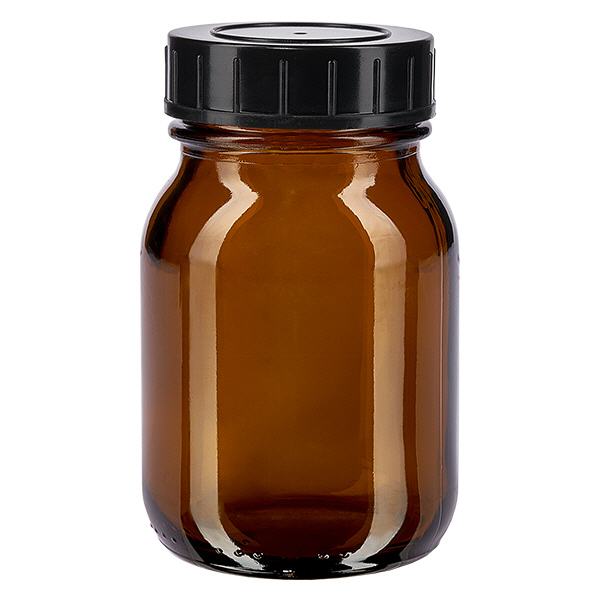 Frasco de 75ml com gargalo largo em vidro âmbar com tampa de rosca Garrafa de 75 ml de gargalo largo em vidro âmbar com tampa de rosca preta para proteção segura do conteúdo