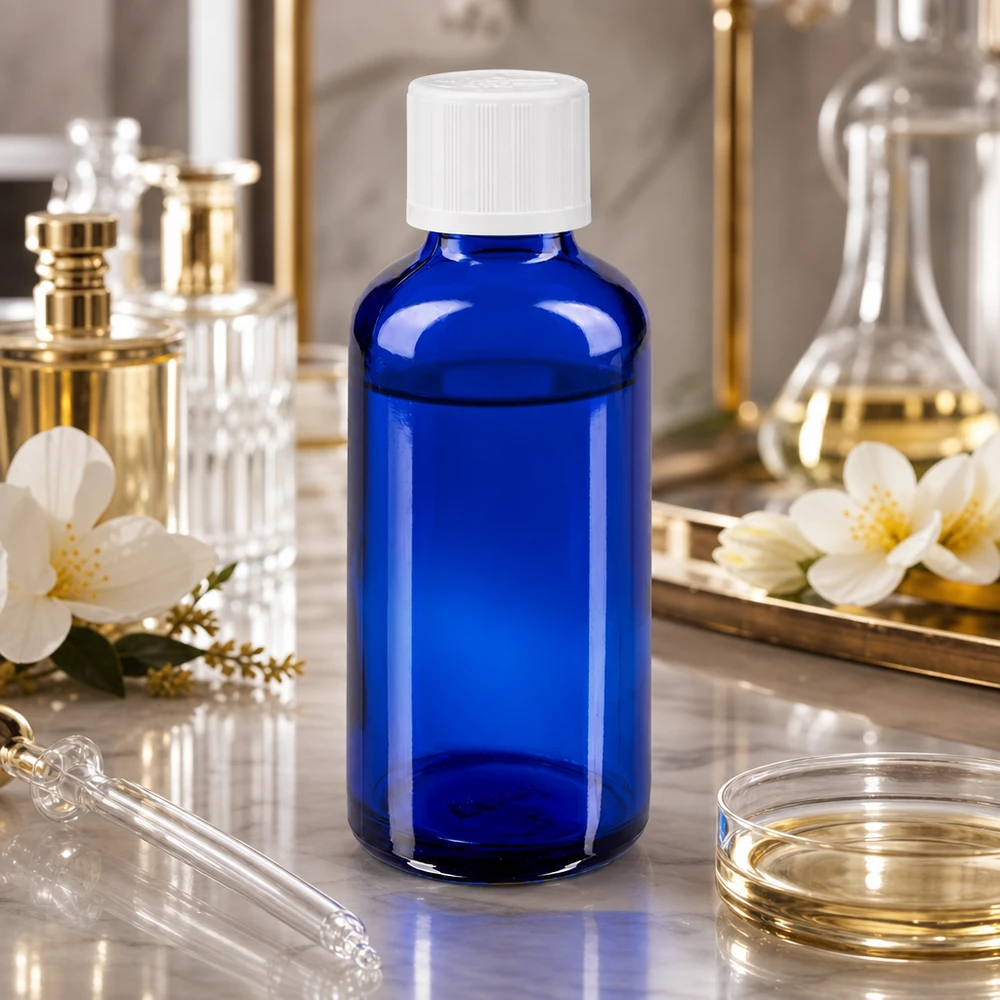 Frasco de vidro azul de 50 ml com tampa conta-gotas branca sobre mármore, ao lado de um balão de laboratório e de flores de jasmim