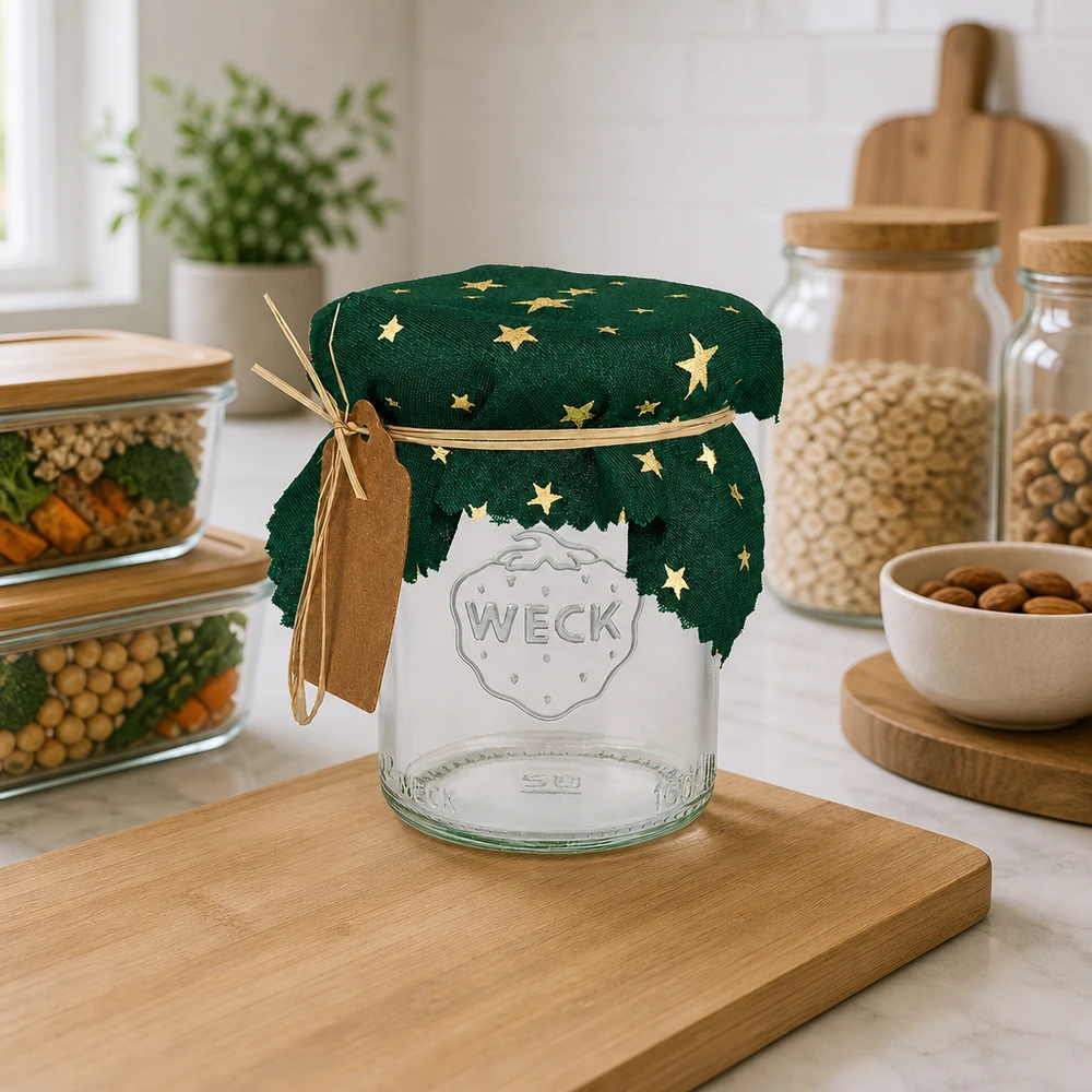 Pano para jóias em tecido verde "Estrelas" quadrado de 12 cm Grünes Sternen-Deckchen auf Holzbrett in Küche, dekorative Glasabdeckung 12cm eckig für Einmachgläser und Vorratsdosen