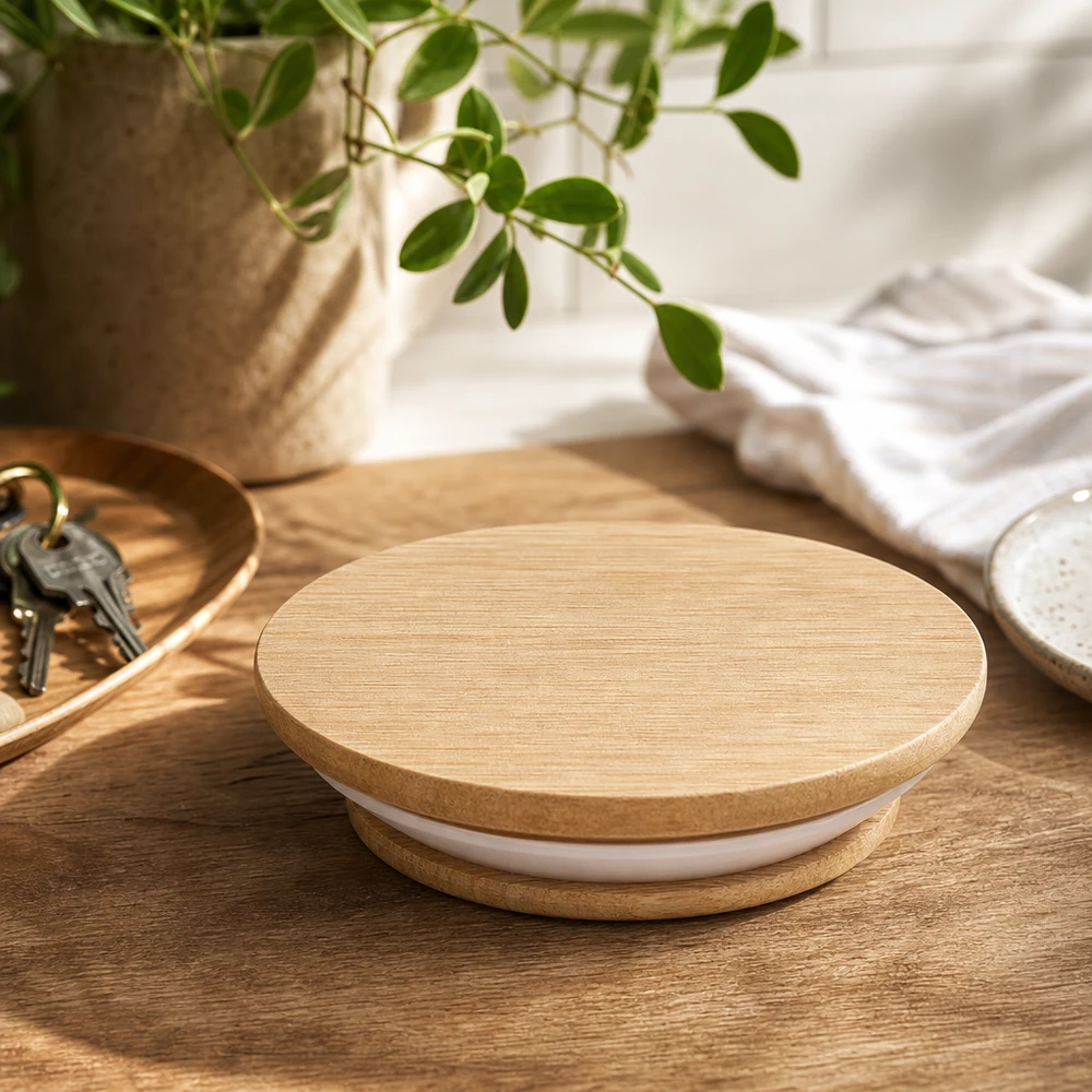 Tampa de madeira WECK RR40 Carvalho sobre mesa de madeira Ambiente de estilo de vida com planta e decoração natural acessórios de cozinha