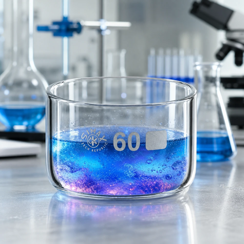 Cápsula de cristalização de 60ml sem bico em borosilicato ø60mm Bacete de cristalização com 60 mm de diâmetro e capacidade de 60 ml, com líquido de reação azul-violeta, sobre a mesa de laboratório