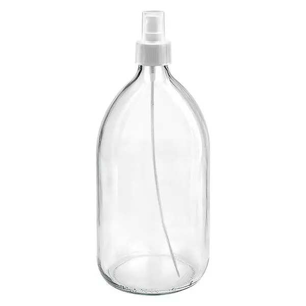 Frasco de medicamento de 1000ml transparente, com pulverizador de bomba branco ApoGlas Frasco de medicamento de 1000ml transparente, com pulverizador de bomba branco ApoGlas