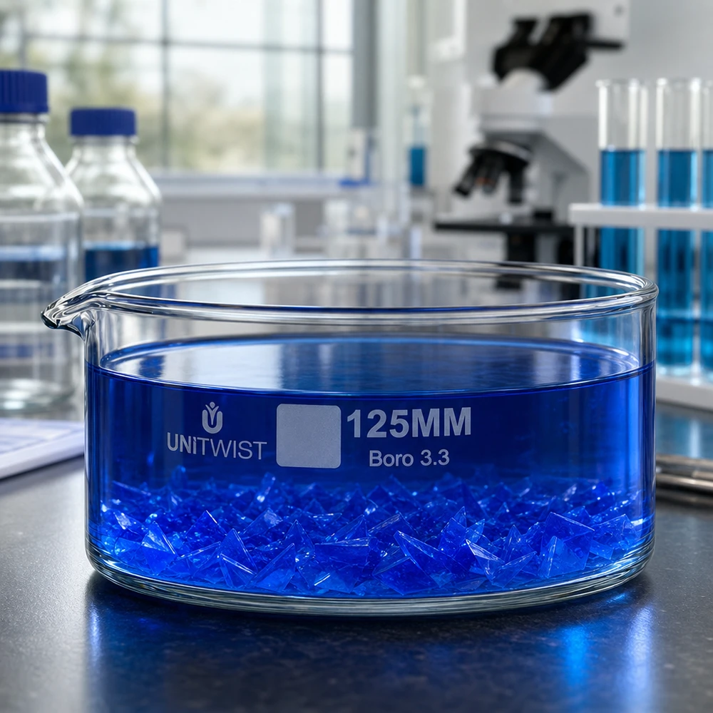 Bacía de cristalização de 125 mm UNiTWIST Boro 3.3 com cristais azuis numa solução azul — Vista de laboratório