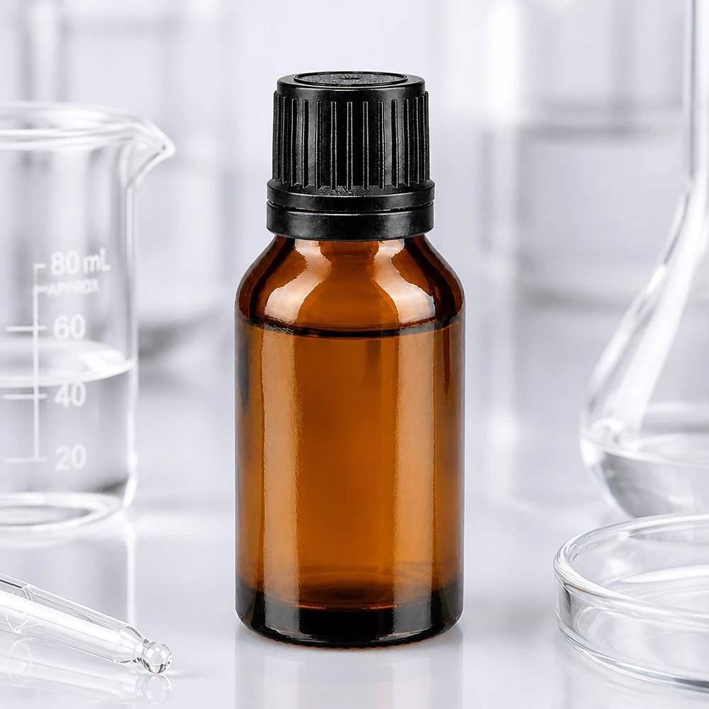 Frasco de farmácia de 15 ml, de vidro castanho, com tampa conta-gotas preta e abertura de precisão de 1 mm, para uso em laboratório