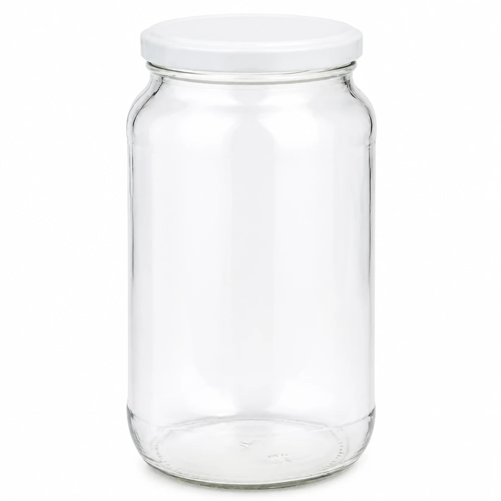 Frasco redondo de 1062 ml com tampa BasicSeal branca UNiTWIST Frasco redondo de 1062 ml com tampa BasicSeal branca Frasco de conservação com tampa UNiTWIST transparente