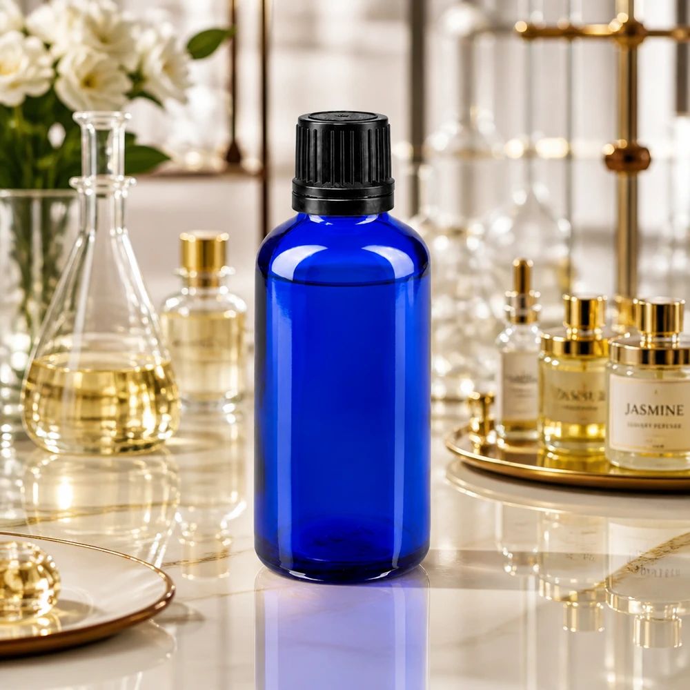 Frasco de farmácia azul 50ml tampa de rosca preta anel de vazamento fecho inviolável Frasco de farmácia azul de 50 ml com tampa OV preta, contendo perfume de jasmim, num ambiente de laboratório