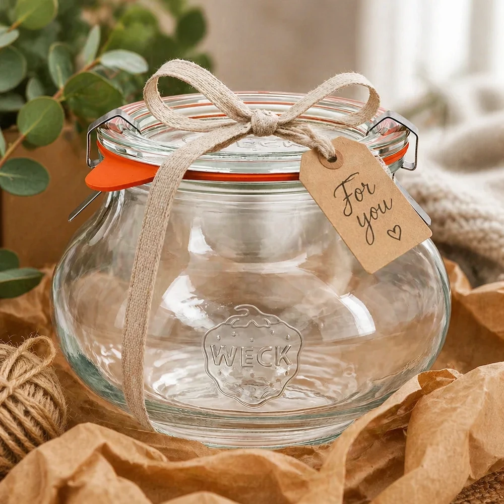 Frasco de jóias WECK 560ml embalado decorativamente com fita e etiqueta de presente, apresentado como uma ideia de presente
