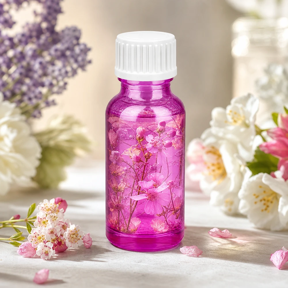 Frasco de 20 ml (glóbulo) com anel de vazamento de 3 mm branco padrão PurpleLine.UT18/20 Frasco de vidro de 20 ml de alta qualidade em violeta brilhante com tampa de rosca com ranhuras para uma conservação segura