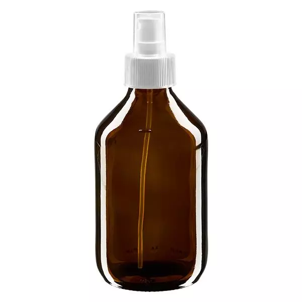 Frasco de medicamento de 250ml castanho, com bomba atomizadora branca ApoGlas Frasco de medicamento de 250ml castanho, com bomba atomizadora branca ApoGlas