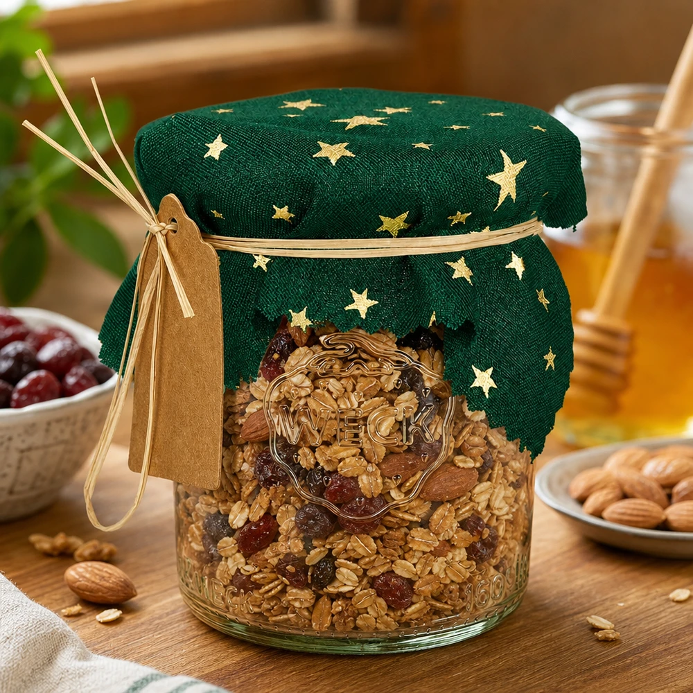 Grünes Sterne-Schmuckdeckchen 12cm eckig auf Müsli-Glas mit Nüssen, dekorative Küchenaufbewahrung mit Naturbast